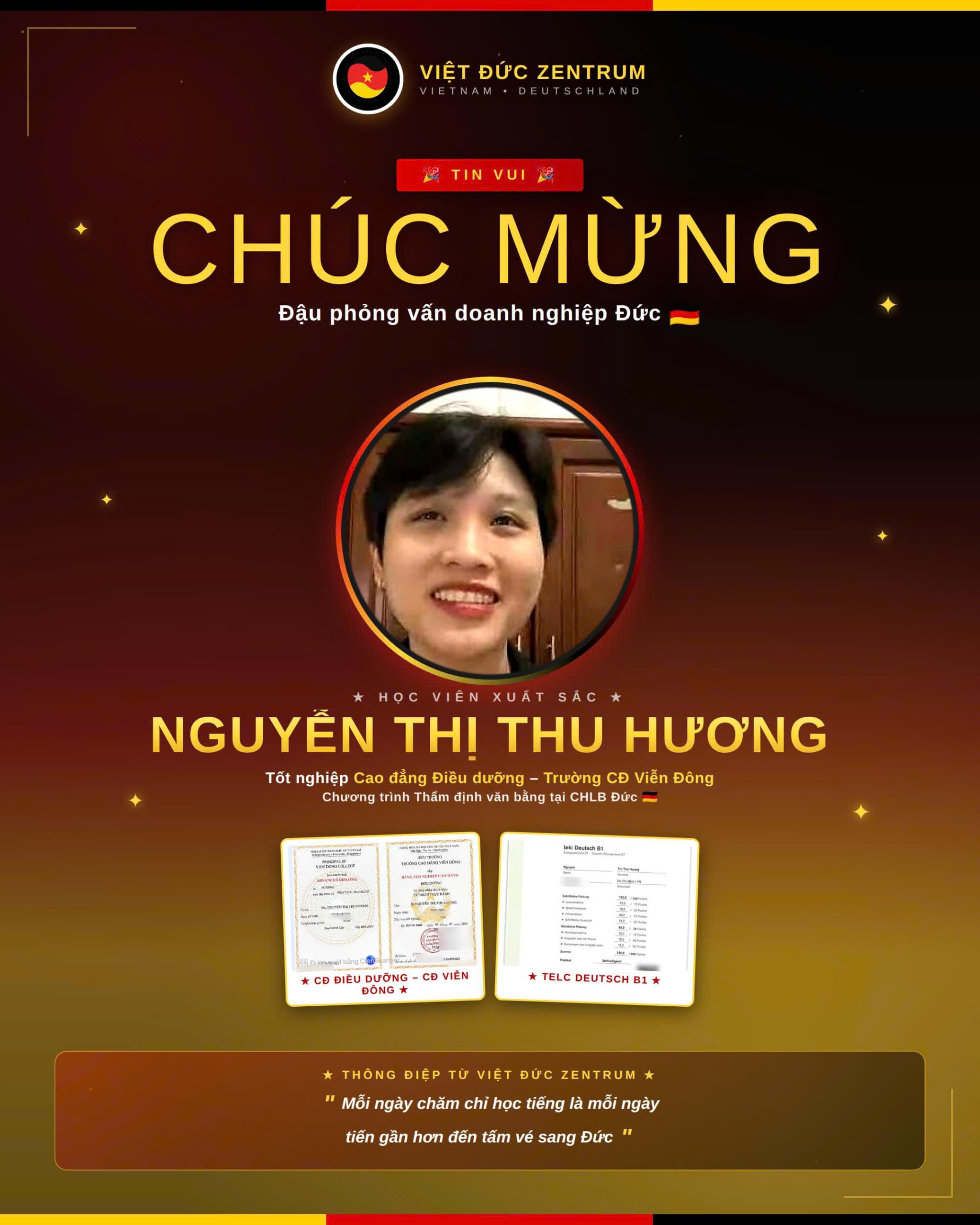 Chúc mừng học viên Thu Hương đã đậu phỏng vấn doanh nghiệp Đức